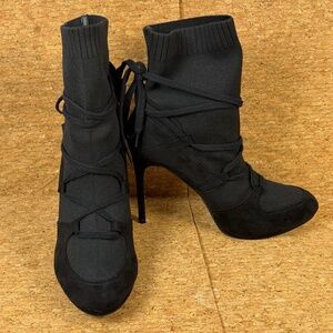 JustFab Black Sock Boot Heels Stiletto Lace Wrap Knit Ankle Boots